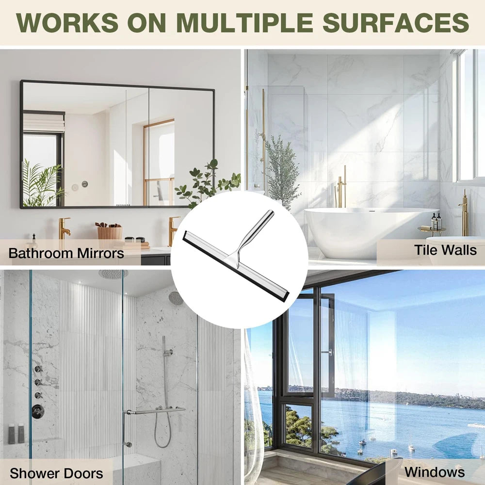 Soft silicone shower squeegee with a hanging hook used on bathroom mirrors, tile walls, shower doors, and windows.