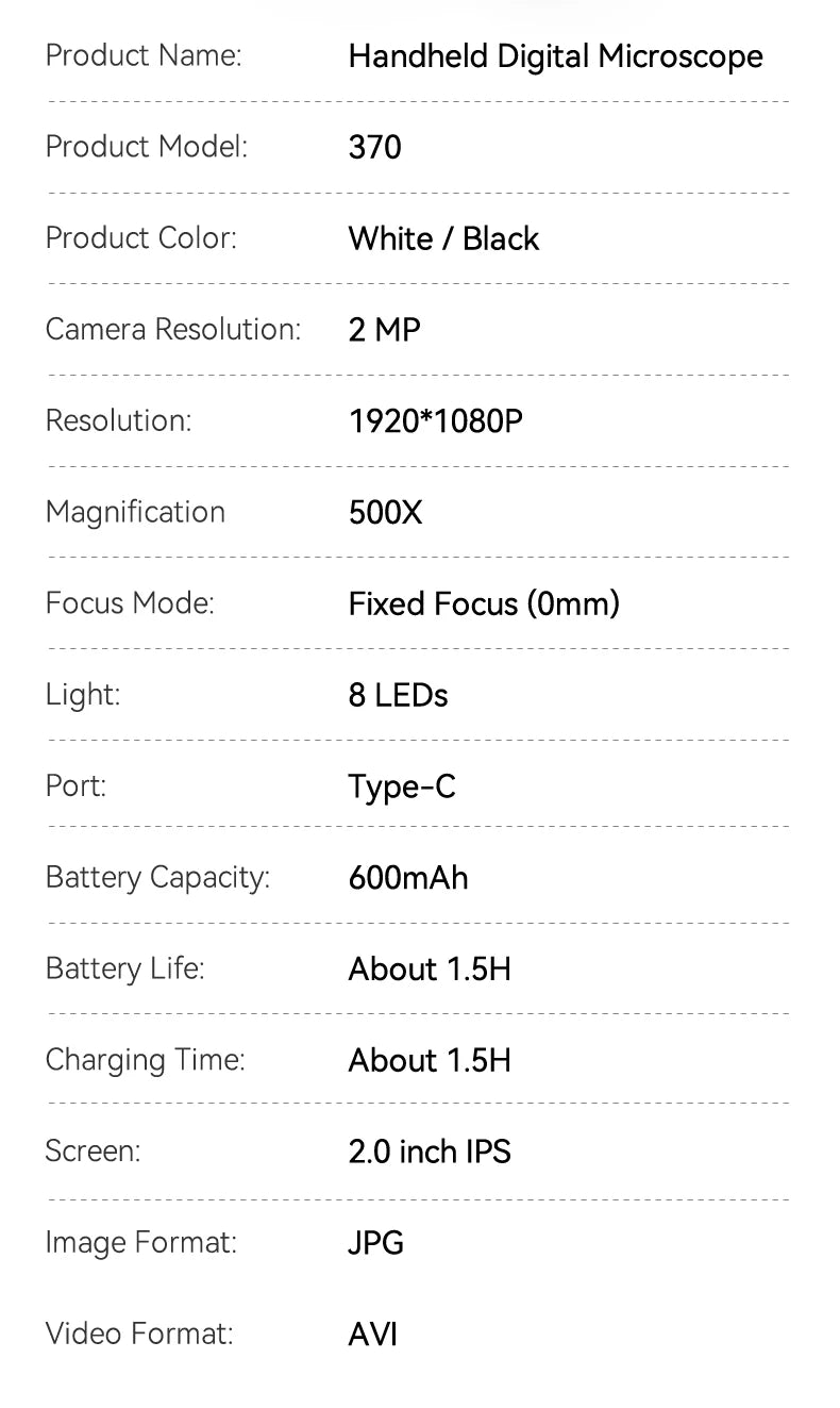 Portable 500X Digital Microscope with 2" IPS Screen