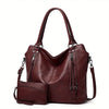 A dark brown PU leather tote bag with a detachable crossbody strap shown from the front.