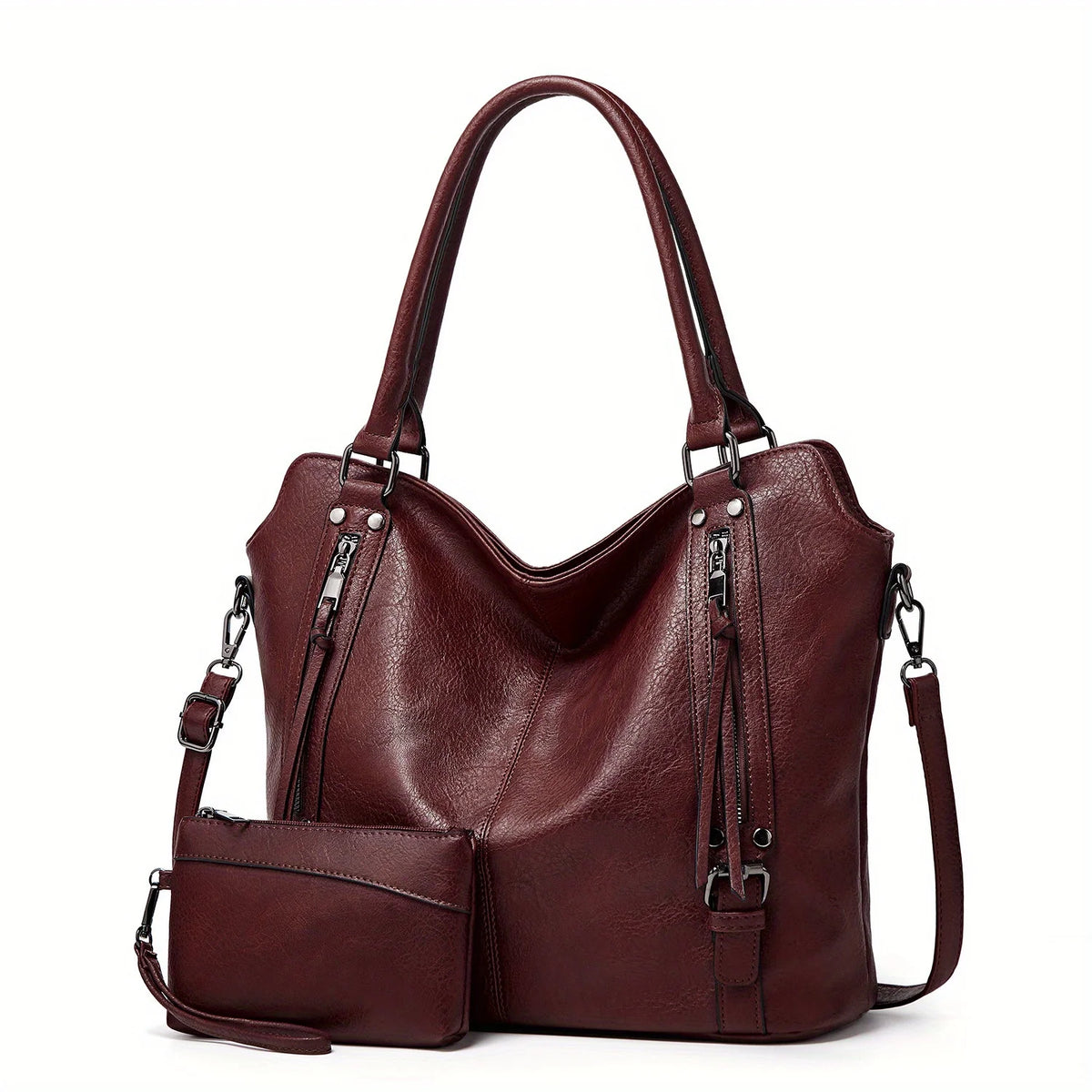 A dark brown PU leather tote bag with a detachable crossbody strap shown from the front.