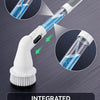 A white cordless electric spin scrubber with an integrated detergent dispenser and a rotating brush head is shown in detail.