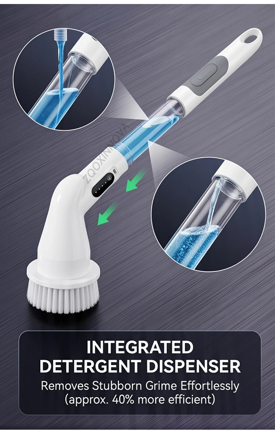 A white cordless electric spin scrubber with an integrated detergent dispenser and a rotating brush head is shown in detail.
