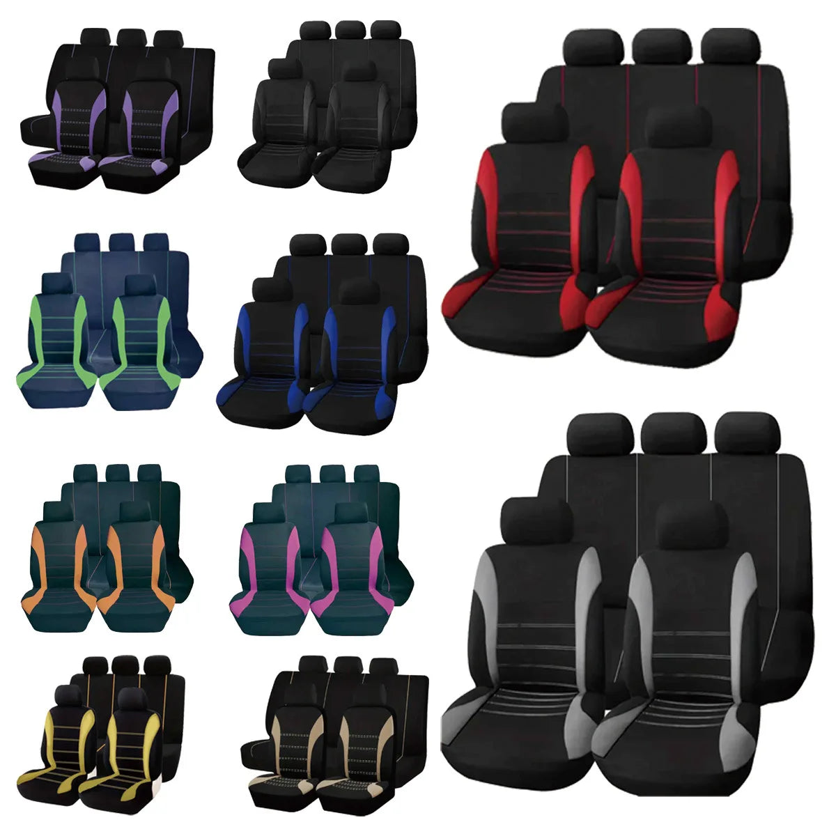 Various black and purple memory foam seat cushions for cars, SUVs, trucks, and vans.