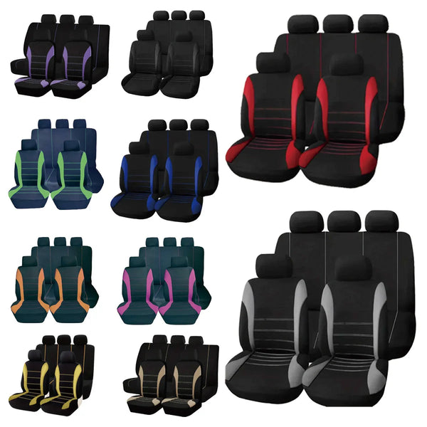 Various black and purple memory foam seat cushions for cars, SUVs, trucks, and vans.