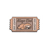 A vintage enamel brooch featuring the text Always Tired and Admit One with a sleeping bear design.