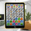 A digital tablet displaying colorful buttons for learning Spanish and English words for children
