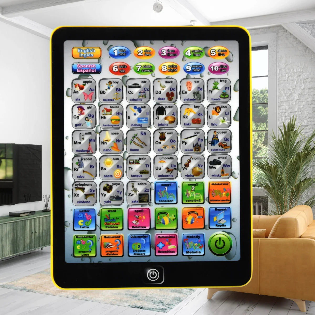 A digital tablet displaying colorful buttons for learning Spanish and English words for children