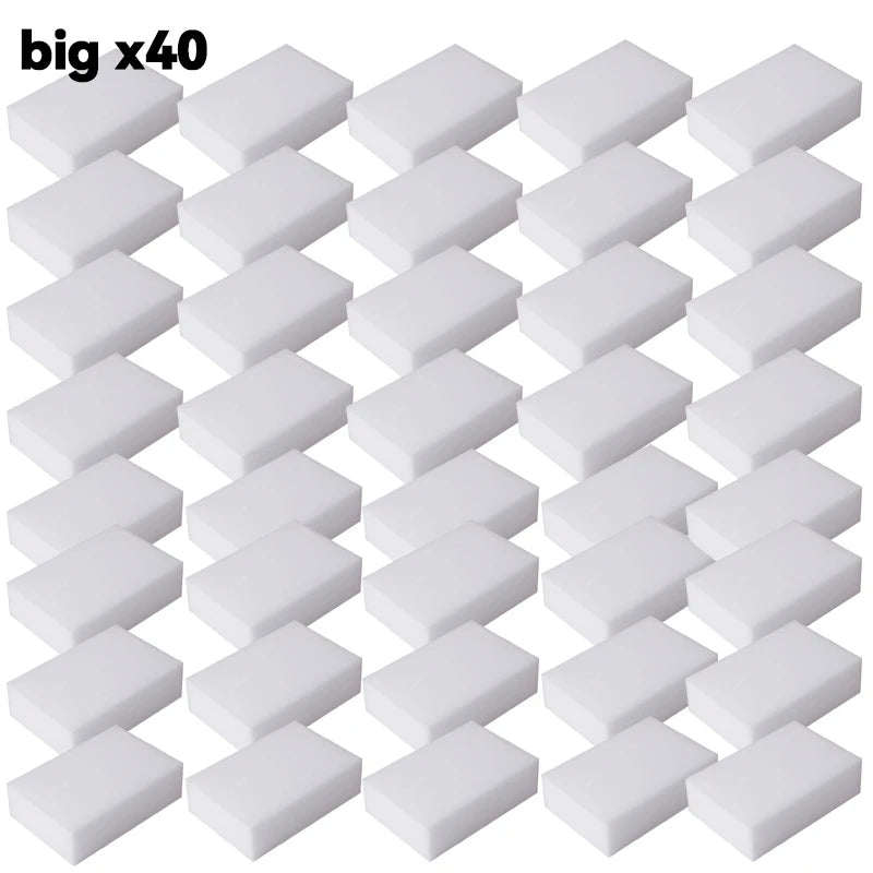 A set of forty white melamine sponge cleaning erasers for multi-purpose scrubbing.