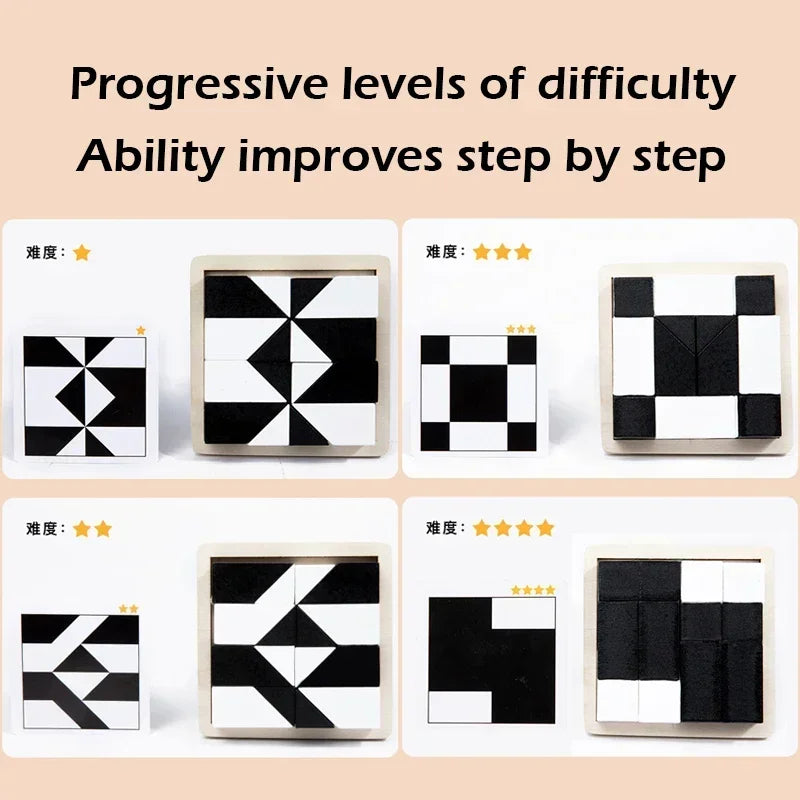 Wooden Geometric Shape Puzzle Blocks with Pattern Cards - Educational Logic Game for Kids