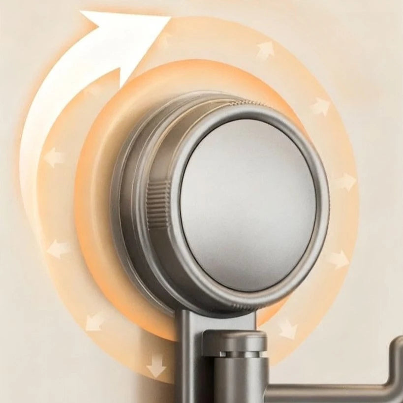 A close-up of a metallic suction cup hook mounted on a wall, showing its round design and mounting mechanism.