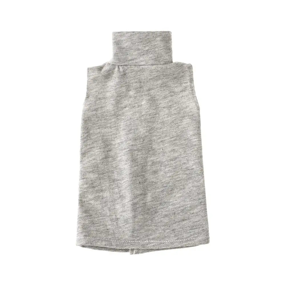 A gray knitted top or shirt with a high neck and a rectangular body.