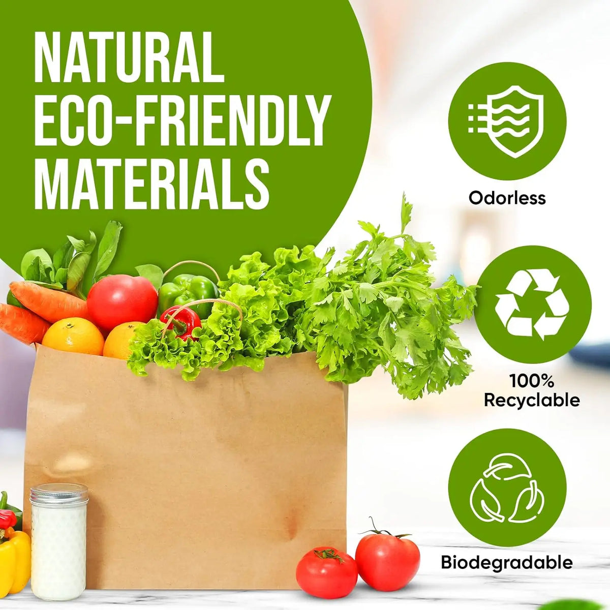 A brown kraft paper bag filled with fresh produce, including tomatoes and lettuce, highlighting natural eco-friendly material