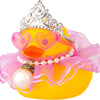 A yellow rubber duck decoration adorned with a silver crown, sunglasses, and a pearl necklace.