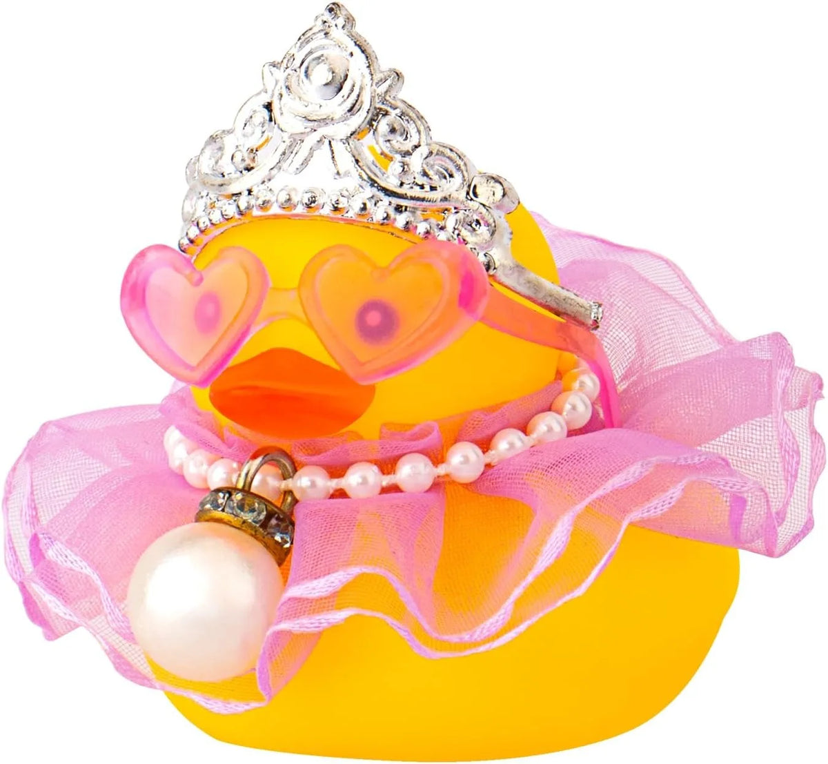 A yellow rubber duck decoration adorned with a silver crown, sunglasses, and a pearl necklace.