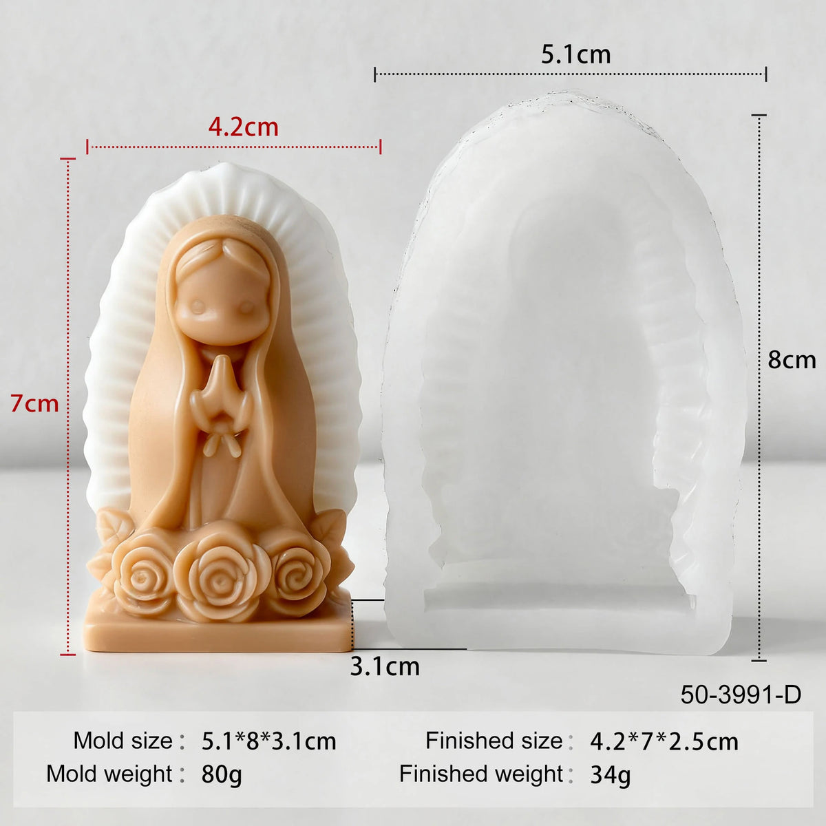 A silicone mold of a praying girl figure in a light peach color, shown next to its finished size.