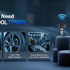 A blue XTOOL TP150 tool is shown with various tires and automotive parts in the background.