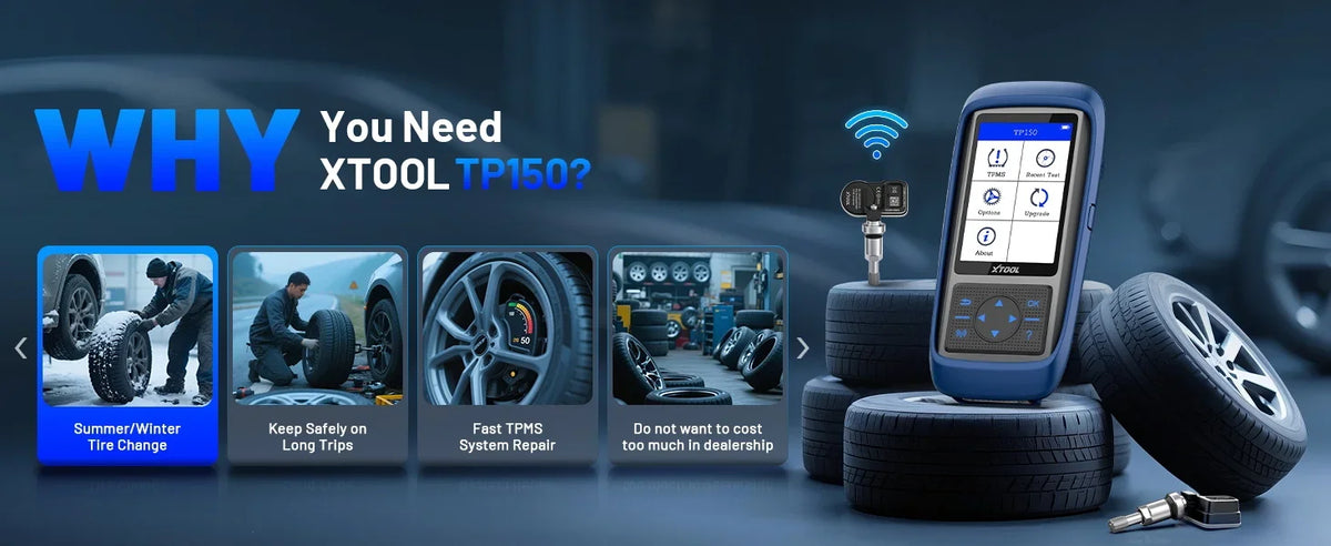 A blue XTOOL TP150 tool is shown with various tires and automotive parts in the background.