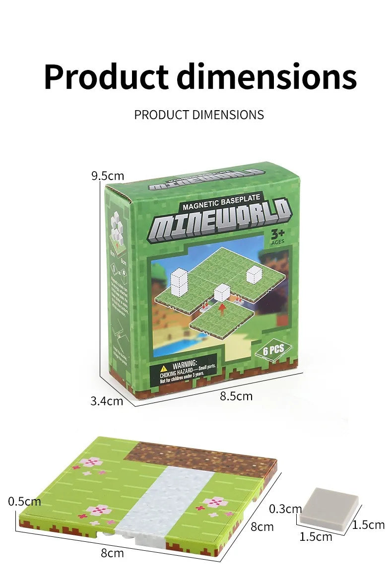 A box of Mineworld magnetic baseplate building blocks showing the dimensions of the green grid and white plate.
