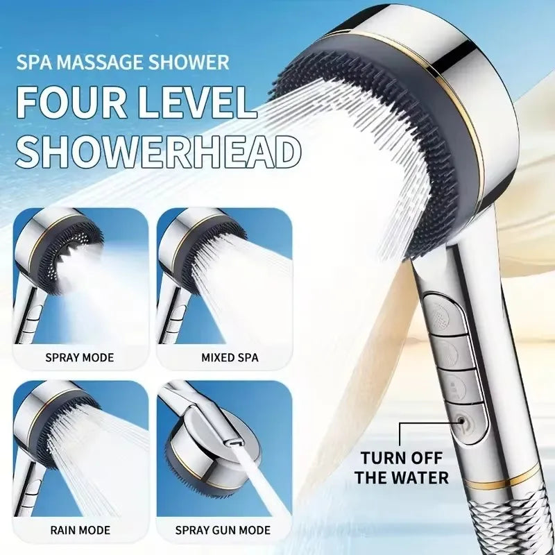A silver spa massage showerhead with four levels including spray mode, mixed spa, rain mode, and spray gun mode.