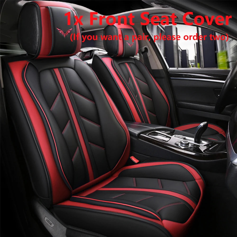 A set of red and black seat covers for a car, showing the interior of a vehicle.