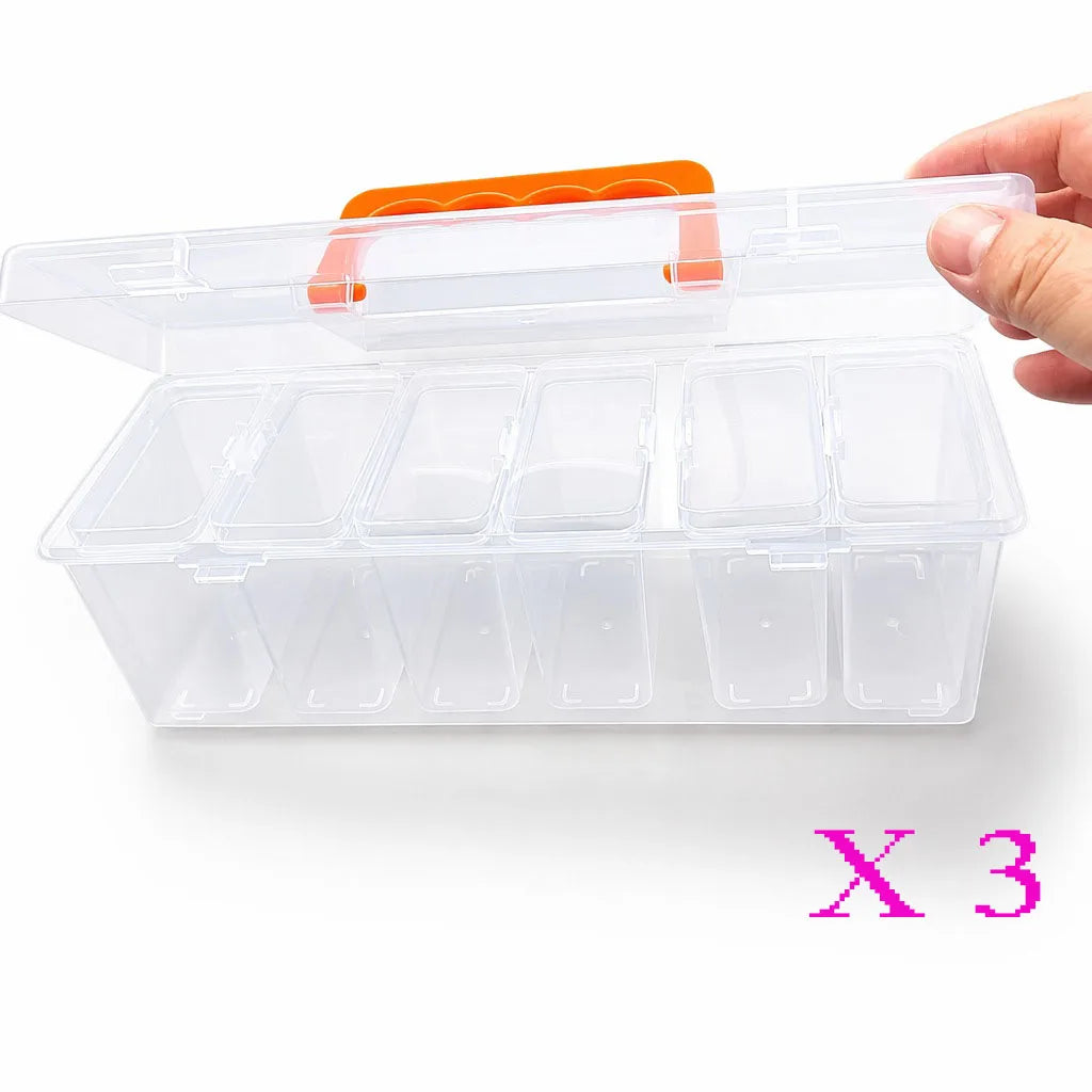 A hand holds a clear plastic multi-compartment hardware storage box with an orange lid, showing three compartments.