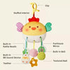 A yellow stuffed crab toy with a clip, rattle beads, bell, and teether for babies.