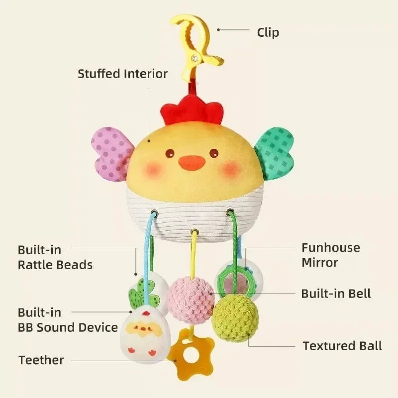 A yellow stuffed crab toy with a clip, rattle beads, bell, and teether for babies.