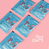 Five blue packets of Party bubble liquid solution, 10ml each, arranged on a pink background.