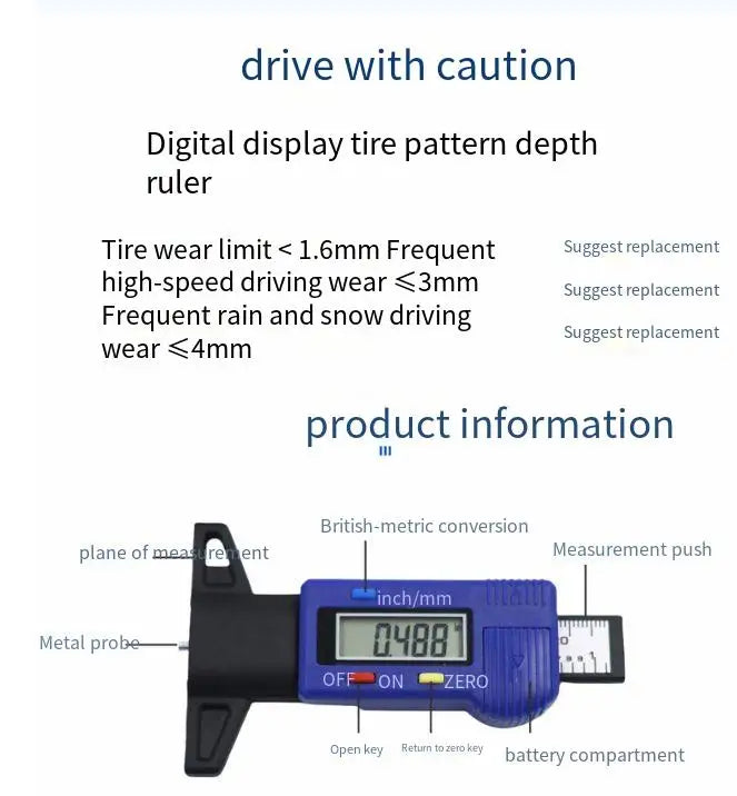 A digital tire tread depth ruler showing a measurement of 0.4881 mm.