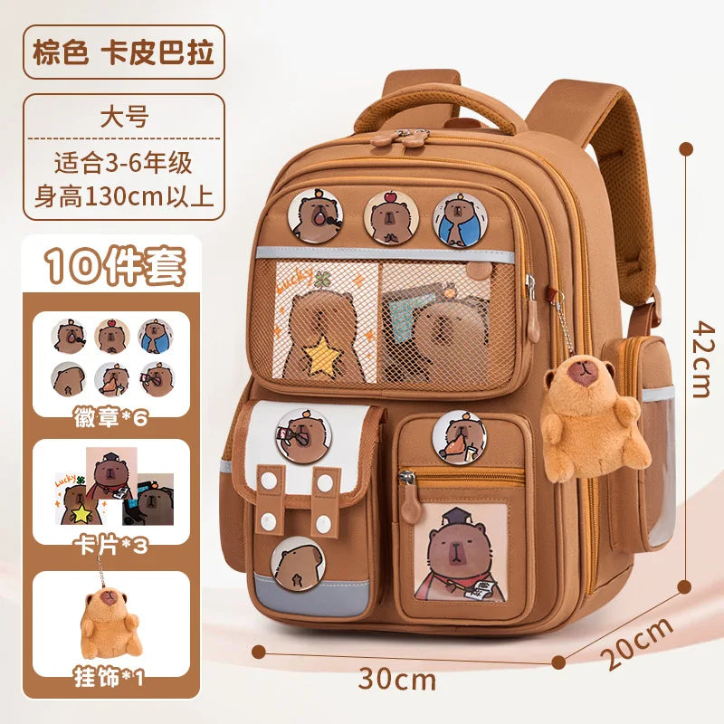 A brown capybara-themed school backpack for children with various compartments and ergonomic features.