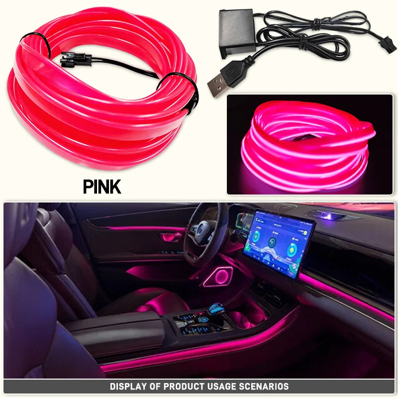 Pink flexible USB LED neon strip ambient lighting installed in a car interior dashboard.