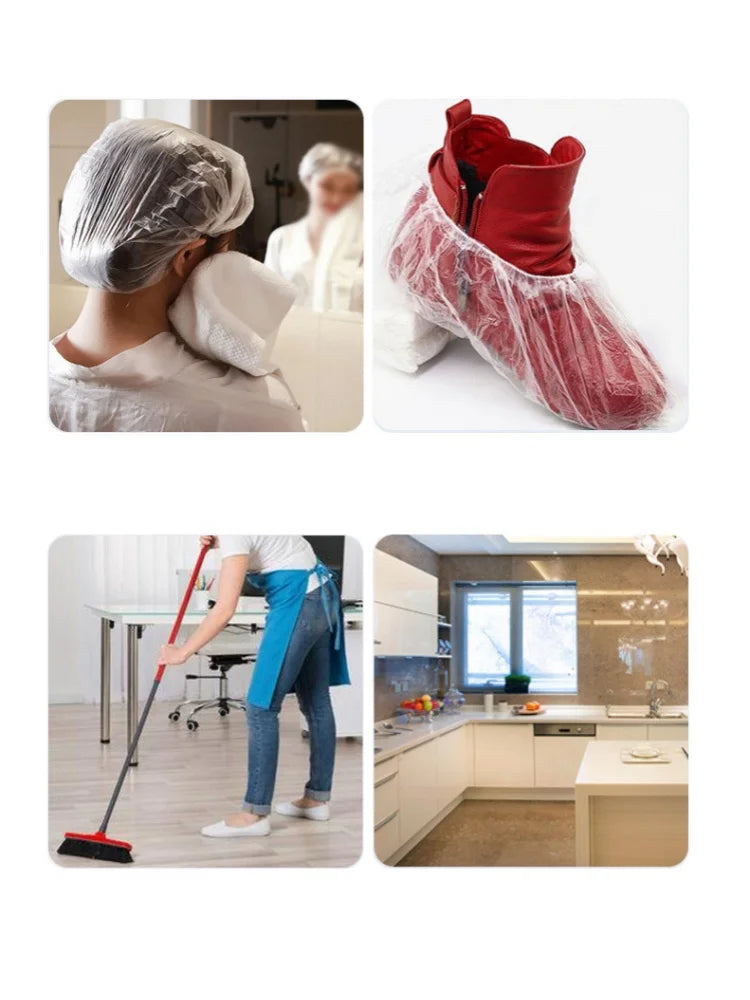 Disposable transparent shower caps in red and white for hair dyeing and bathing