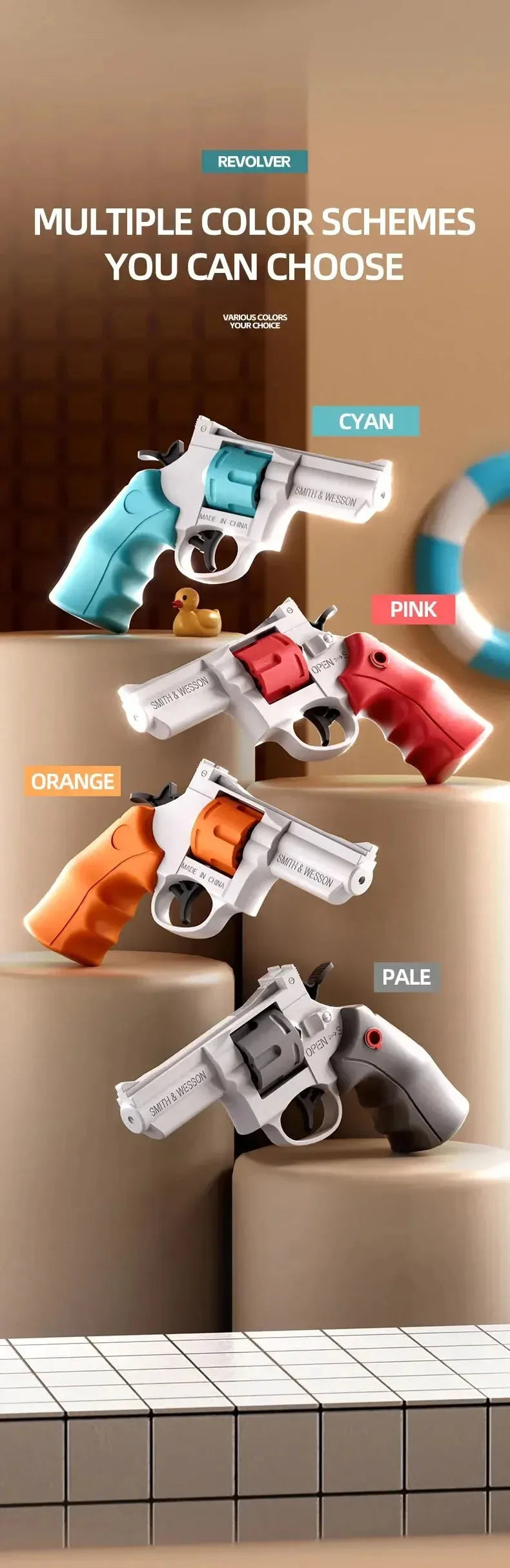 A collection of multiple color schemes for a mini mechanical revolver water gun, including cyan, pink, orange, and pale gray 