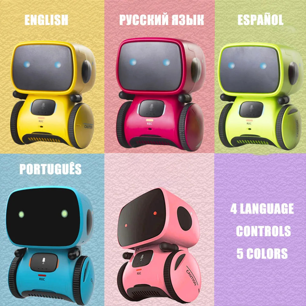 A collection of four interactive voice-controlled robot toys in English, Russian, Spanish, and Portuguese, shown in various c