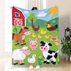 A colorful flannel blanket featuring farm animals like a cow, pig, chicken, and sheep on a green background.