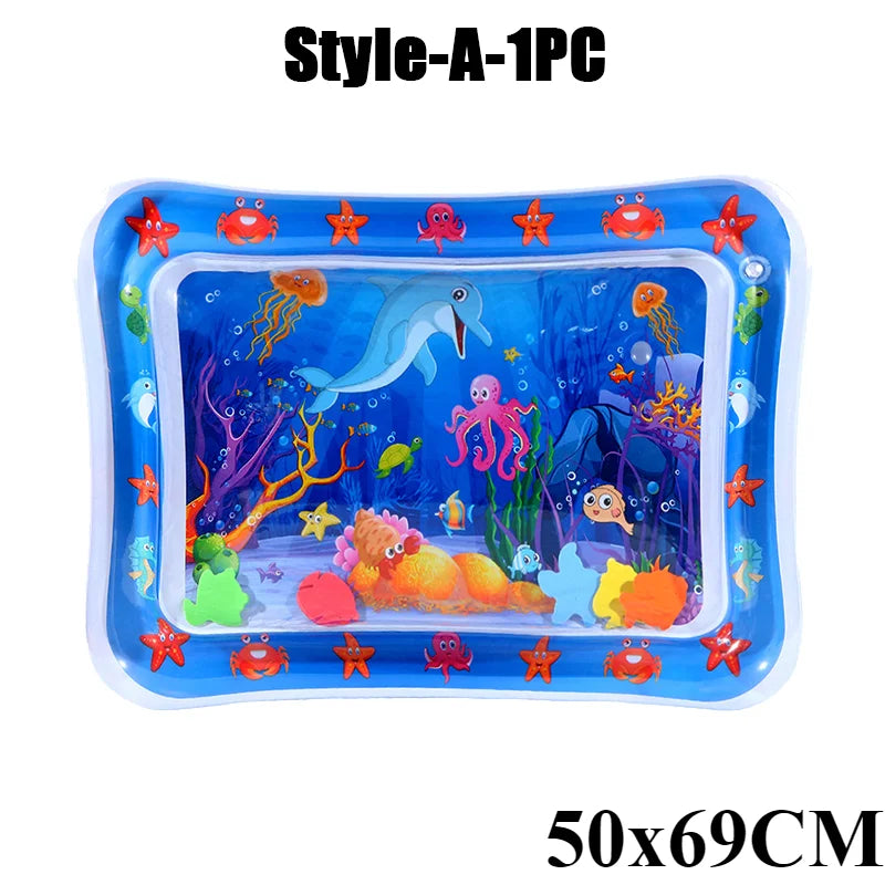 A blue inflatable baby water play mat featuring colorful sea creatures and stars.