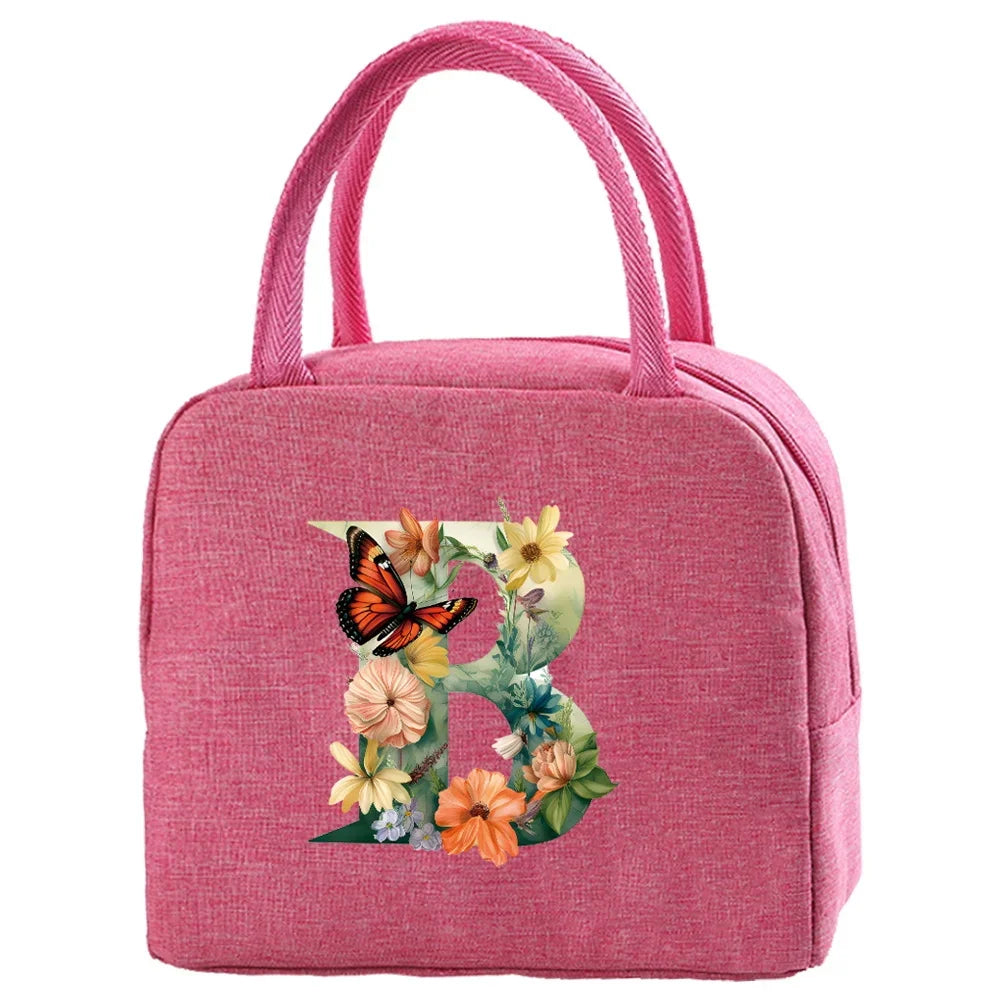 Insulated Canvas Lunch Bag with Butterfly Letter Pattern