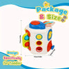 A white sensory learning cube toy for toddlers featuring colorful buttons and a top piece.