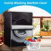A black washing machine cover is shown placed over a silver washing machine, with plants and a wooden background visible.