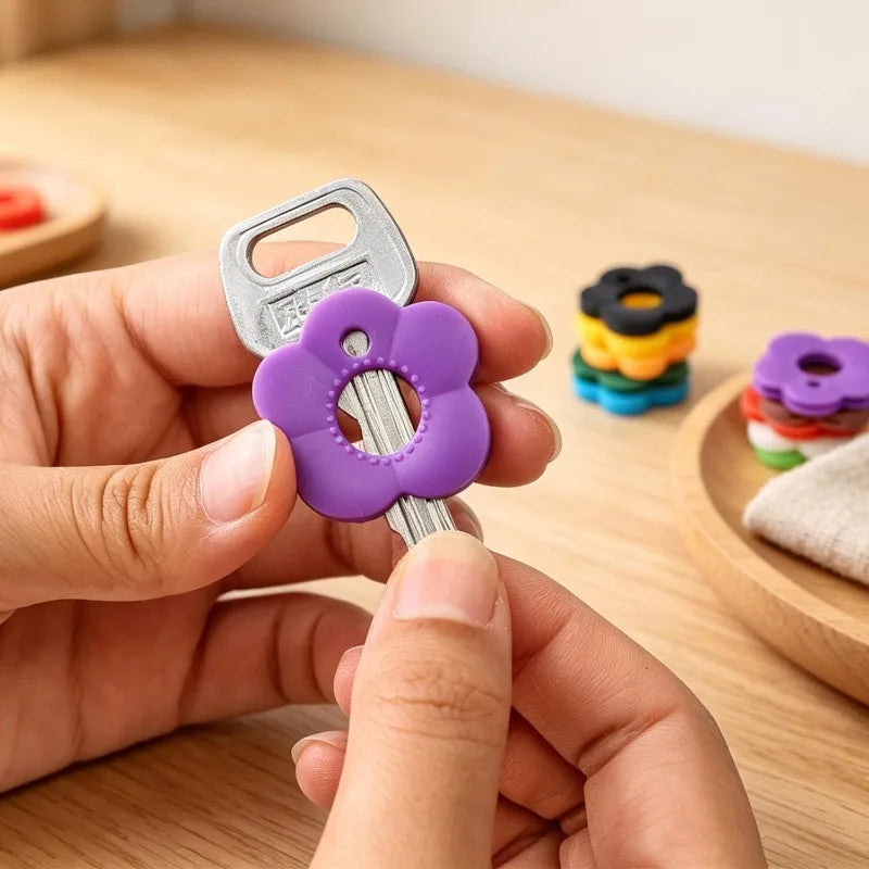A hand holds a silver key with a purple flower silicone cover, demonstrating colorful key protectors.