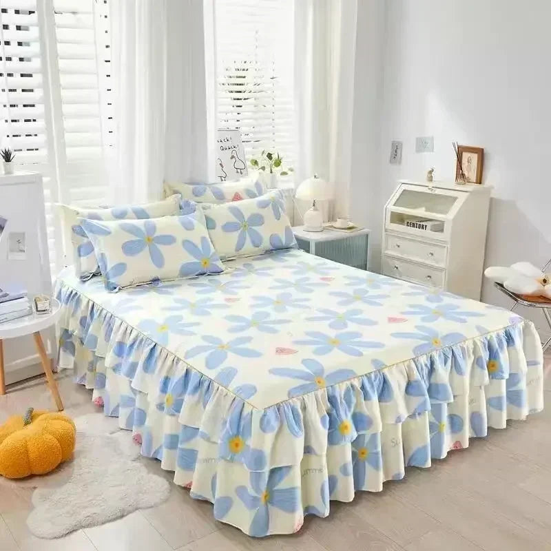 Floral Bed Skirt Set with Anti-Slip Mattress Cover