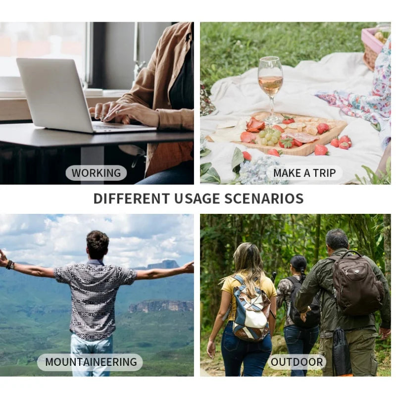 Various usage scenarios including working, making a trip, mountaineering, and outdoor activities for a thermal insulated lunc