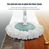 A white microfiber mop head refill is shown cleaning a floor, demonstrating dry and wet use for floor cleaning.