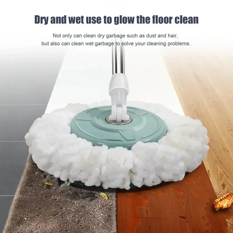 A white microfiber mop head refill is shown cleaning a floor, demonstrating dry and wet use for floor cleaning.