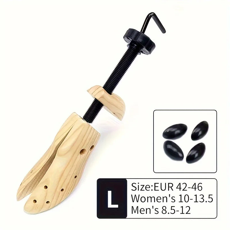 Adjustable wooden shoe stretcher tool with a black handle and wooden sole for men's and women's feet.