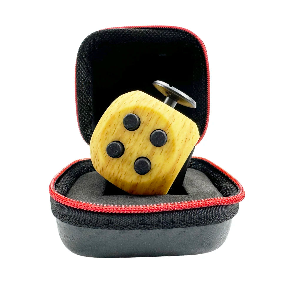 A wooden 12-sided fidget cube with black dots is shown inside a black zippered case.