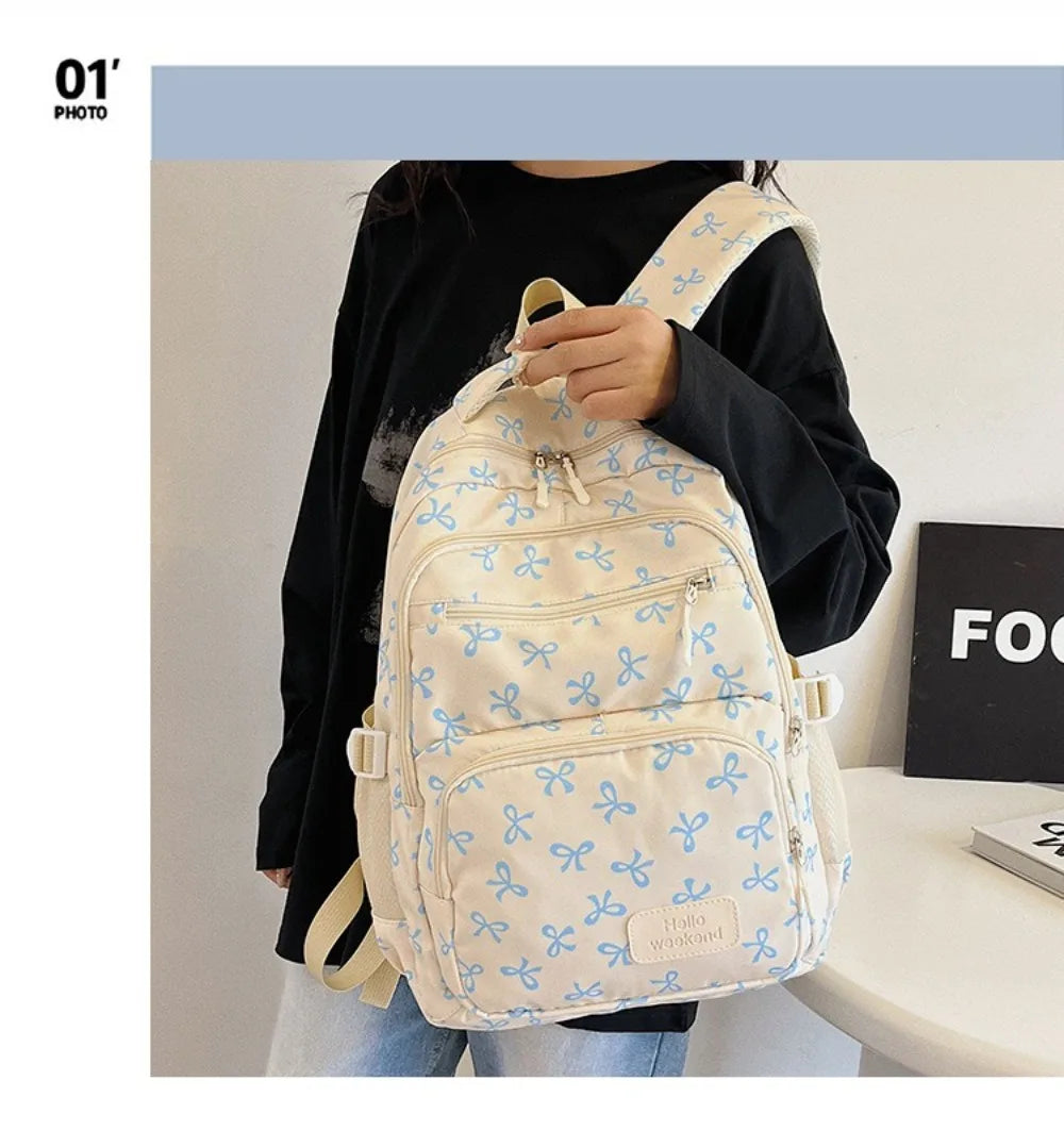 Cute Large-Capacity Bow Print Backpack Set