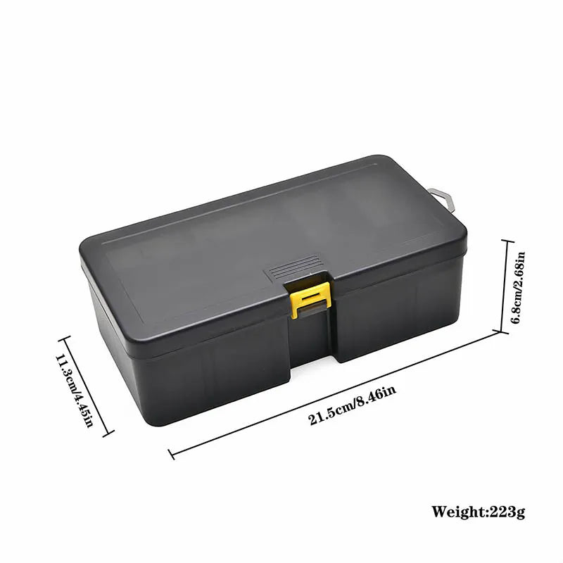 Dunkelgrabe, robuste Angelbox von oben mit Maße und Gewichtangaben.