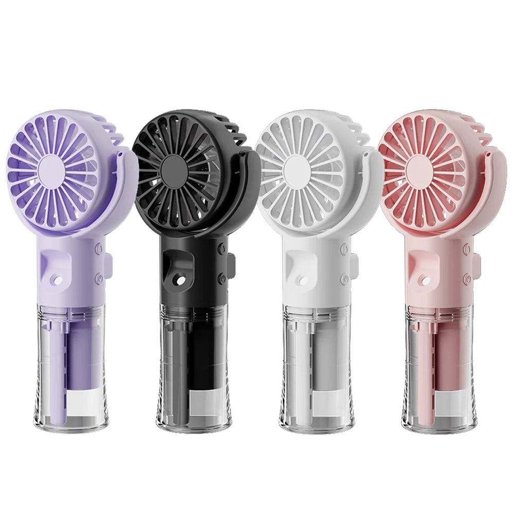 Four portable water mist fans in purple, black, white, and pink colors shown side by side.