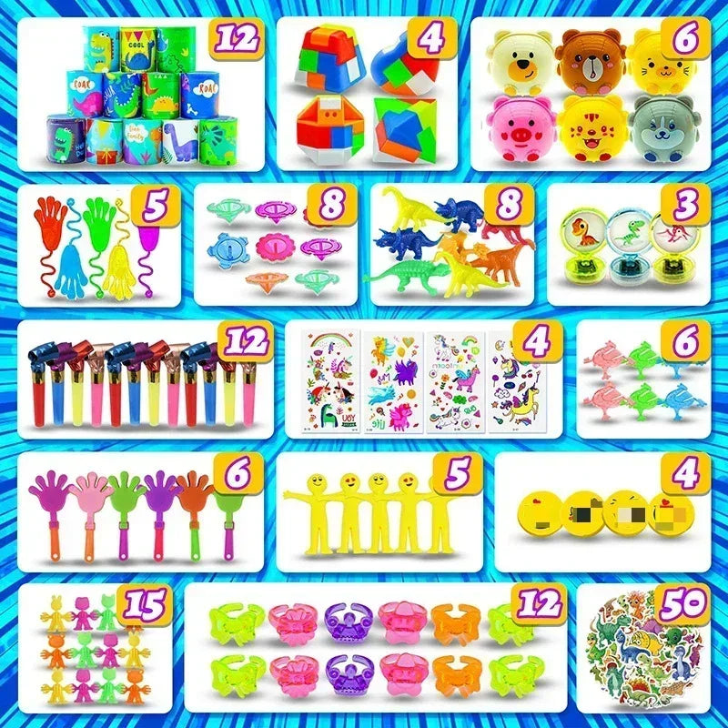 Assortment of kids party favors including snap bracelets, fidget toys, and various small items.